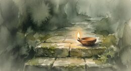 Ilustrasi cat air pelita tanah liat menyala di atas jalan batu