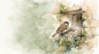 Ilustrasi cat air burung pipit dan sarang di dinding batu