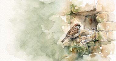 Ilustrasi cat air burung pipit dan sarang di dinding batu