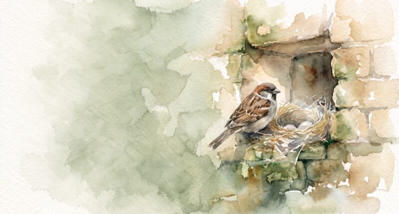 Ilustrasi cat air burung pipit dan sarang di dinding batu