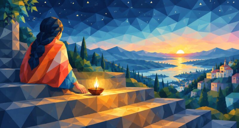 Ilustrasi faset: pelita menanti fajar di anak tangga