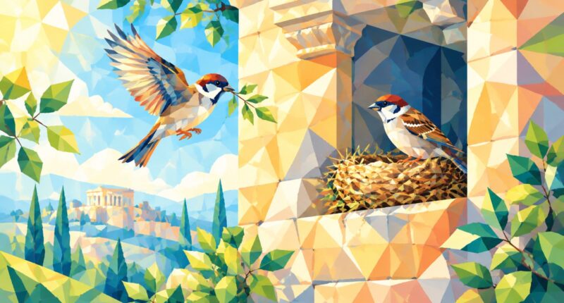 Ilustrasi faset: burung pipit dan sarangnya di ceruk dinding batu Bait Allah