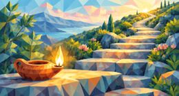 Ilustrasi faset: pelita tanah liat menyala di anak tangga batu yang mendaki
