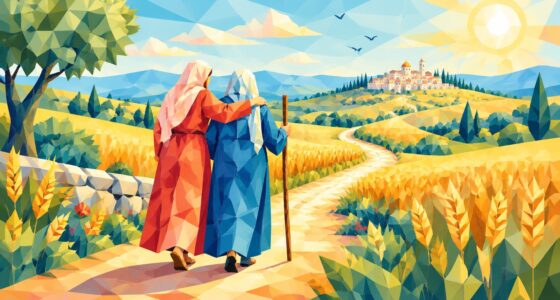 Ilustrasi faset: Rut merangkul Naomi berjalan menuju Betlehem