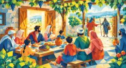 Ilustrasi faset: rumah yang pintunya terbuka lebar, keluarga dan tamu makan bersama di bawah pergola anggur
