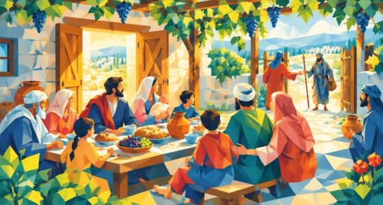 Ilustrasi faset: rumah yang pintunya terbuka lebar, keluarga dan tamu makan bersama di bawah pergola anggur